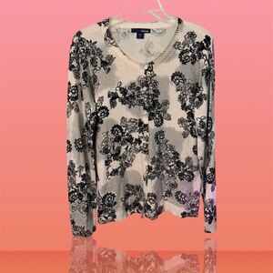 Basic Editions Women's Button Down White & Black Sweater Cardigan Sz m